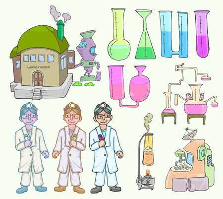 set of chemical and scientist isolated on white vector cartoonのイラスト素材