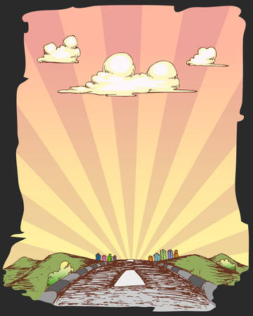 cartoon street background with cloud and ray of lightのイラスト素材