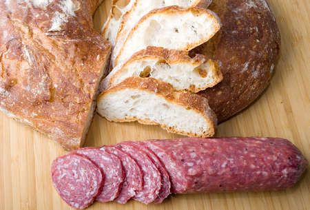 White Italian brick oven delicious fresh baked bread sliced with sausage for sandwich