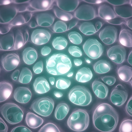 Glowing cellular lattice background representing microscopic organic structures with gentle pastel light.の素材