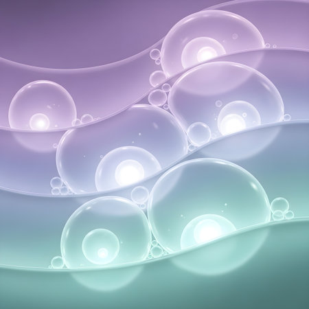 Dreamy bubble-membrane background with inner cores emitting soft violet and mint light, ideal for soothing digital applications.の素材