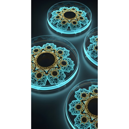 Petri-style fractal forms with glowing edges â a modern scientific-abstract background for editorial or creative tech use.の素材