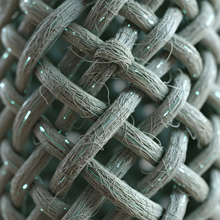Woven biofiber ribbon background with subtle glow â suited for sustainable tech and natural-material visuals.の素材