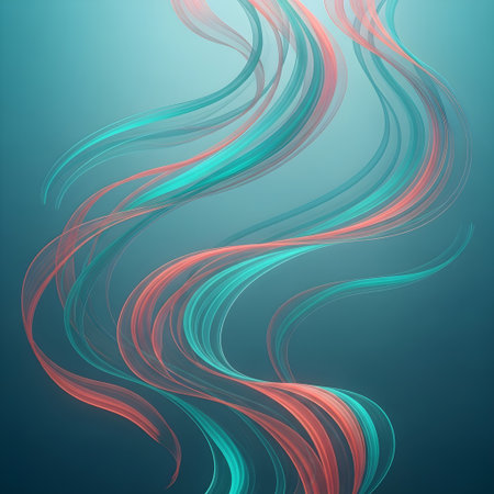 Algae-like ribbon light background evoking serene underwater ambience for calming interfaces and posters.の素材