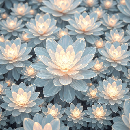 Crystalline petal cluster background featuring delicate inner glow for refined editorial and product visuals.の素材