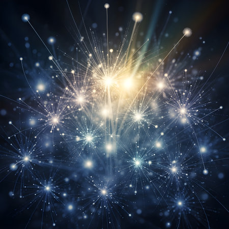 Fractal light spore background featuring glowing particulate layers for ethereal modern visuals.の素材