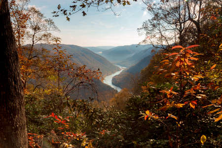 A beatutful fall morning at the New River Gorge, Grandview, WV.の写真素材