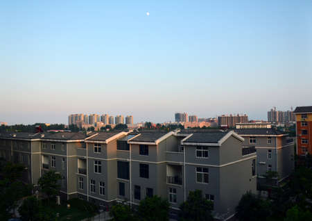 Corner of sunset city, near and distant buildings are under the sunsetのeditorial素材