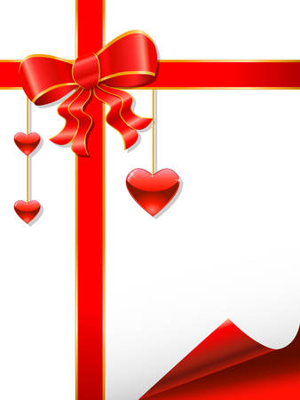 red ribbon with bow, hanging hearts and red corner on white backgroundのイラスト素材