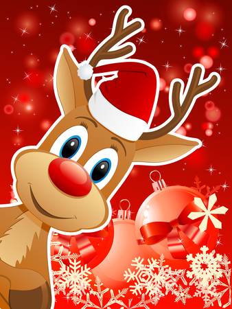 reindeer with Santa hat and Christmas background - vector illustrationのイラスト素材