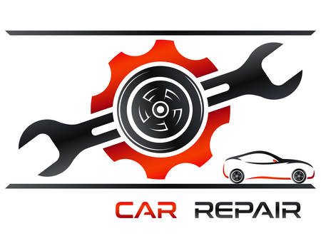 A car repair shop  on sports car and gear, wheel, wrench icon isolated on plain background.のイラスト素材