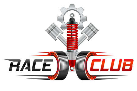 tires, shock absorbers, engine pistons, gear - race club logoのイラスト素材