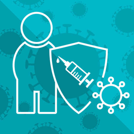 man, shield, syringe with vaccine and virusのイラスト素材