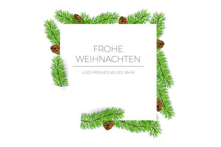 Merry Christmas and Happy new Year greeting card with fir branches and fir conesのイラスト素材