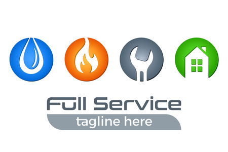 water drop, fire flame, wrench, house - full service buttons - logo designのイラスト素材