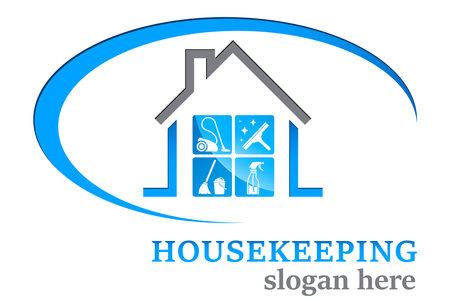 housekeeping, cleaning service - vacuum cleaner, window squeegee, bucket, mop, spray bottle, broomのイラスト素材