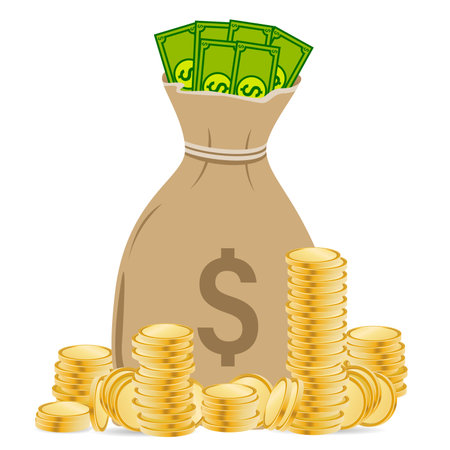 money bag with dollar bills and gold coins - icon designのイラスト素材