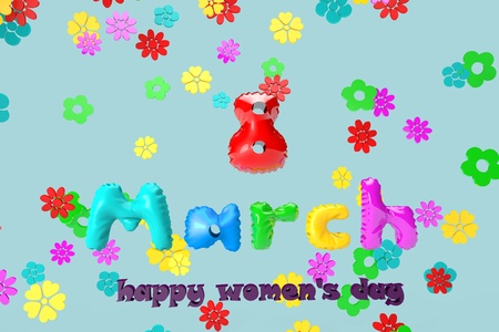 3D illustration of a greeting card with 8 March on a background of colorful flowers.の写真素材