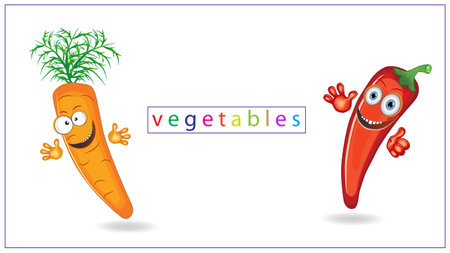 Vector illustration of colored vegetables with eyes, mouths and hands. Carrots, peppers. EPS 10.のイラスト素材