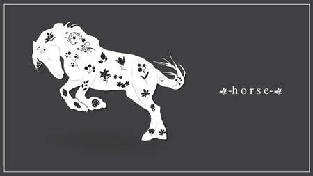 Vector illustration of a white horse with flowers and plants.のイラスト素材