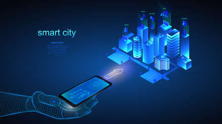 Vector illustration of artificial intelligence and smart city system, house. Science, futuristic, network, network concept, communication, high technology. EPS 10.のイラスト素材