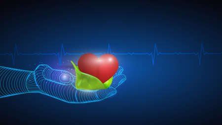 Vector illustration of artificial intelligence holding a human heart in hand. Science, futuristic, web, network concept, communications, high technology. EPS 10のイラスト素材