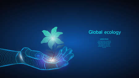 Vector illustration of artificial intelligence holding a plant in hand. Science, futuristic, web, network concept,communications, high technology. EPS 10のイラスト素材