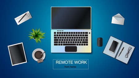 Vector illustration of a workplace for remote work. Laptop, tablet, envelope, notepad, pen, coffee cup, flower in a pot, smartphone. EPS 10.のイラスト素材