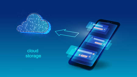 Vector illustration of a mobile phone with an image of a virtual cloud data storage. Science,...