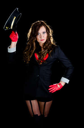 Sexy girl in stewardess uniform and pilot hatの写真素材