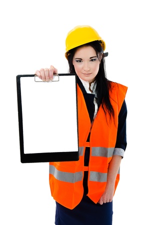 Woman engineer holding clipboard with space for your textの写真素材