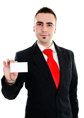 Young businessman showing businesscard with room for your textの写真素材