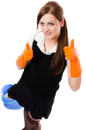 Happy sexy cleaning woman - housemaid, elevated view - isolated on white backgroundの写真素材