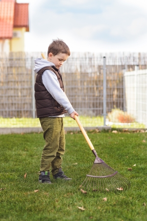 Child helping in the garden. Rakes the grass. Spring gardeningの写真素材