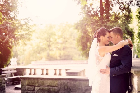 Bride and groom hugging in the park. Touching their foreheads. Sunlight. Wedding session in the parkの写真素材