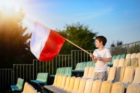 Little boy - Polish football team fan - supporter with Polish flag on the stadiumの写真素材
