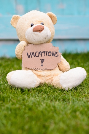 Little old teddy bear sitting on the grass in the garden and holding a piece of cardboard with the information - Vacationsの写真素材