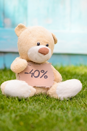 Little old teddy bear sitting on the grass in the garden and holding a piece of cardboard with the information - -40%の写真素材