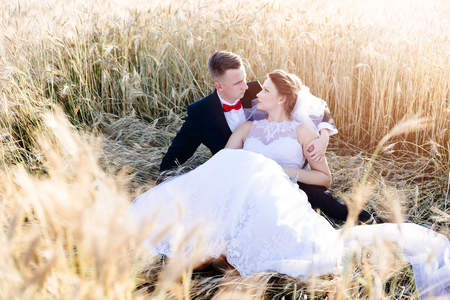 Freshly wed bride and groom posing in wheat field. Wedding day. Wedding sessionの写真素材