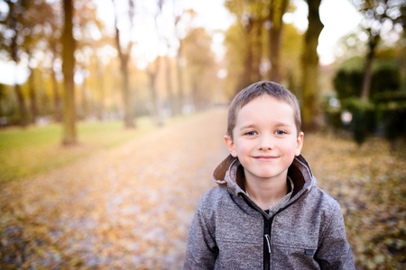 Happy child boy at autumn in the parkの写真素材