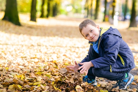Happy smiling little boy playing with leaves in the autumn parkの写真素材