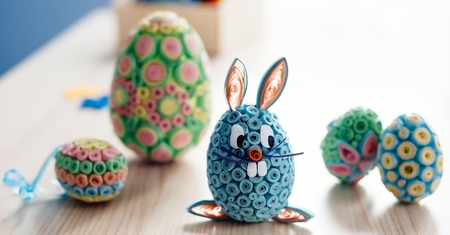 Blue homemade Easter bunny on table. Happy Easter