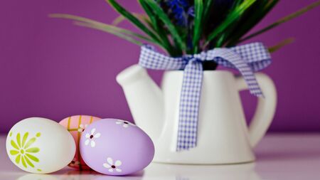 Easter card, spring decoration with blue flowers and eggs. Happy Easterの写真素材