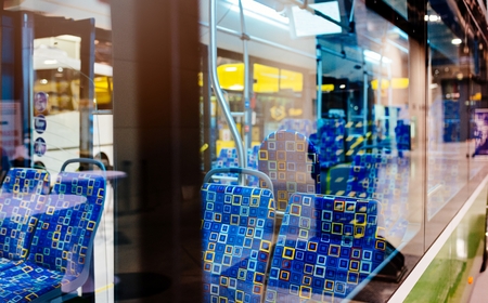 View through the glass on the inside of the city bus. Public transportの写真素材