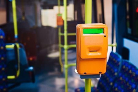 Modern ticket validator in city bus. Public transportの写真素材