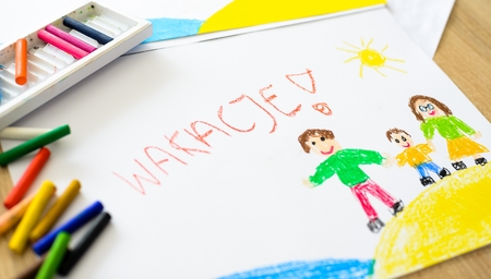 Wakacje - Polish word for summer vacation. Oil pastels drawing of happy family on the beach.の写真素材