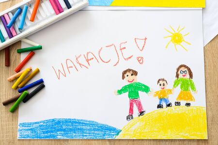 Vacation oil pastel children drawing of happy family on the beach. Wakacje is Polish word for summer holidaysの写真素材