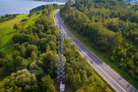 Aerial view of a cellular network relay located in Polish mountainsの写真素材
