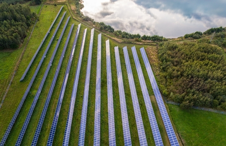 Aerial view of solar farm. Alternative energy from sunの写真素材