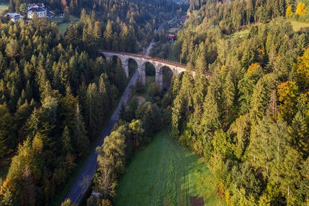 Aerial view of railway viaduct. Wisla, Silesian Beskid, Polandの写真素材